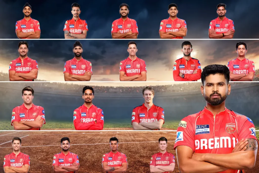 All the team players of the PBKS team of ipl 2025 with the captain
Shreyas Iyer with the stadium background.