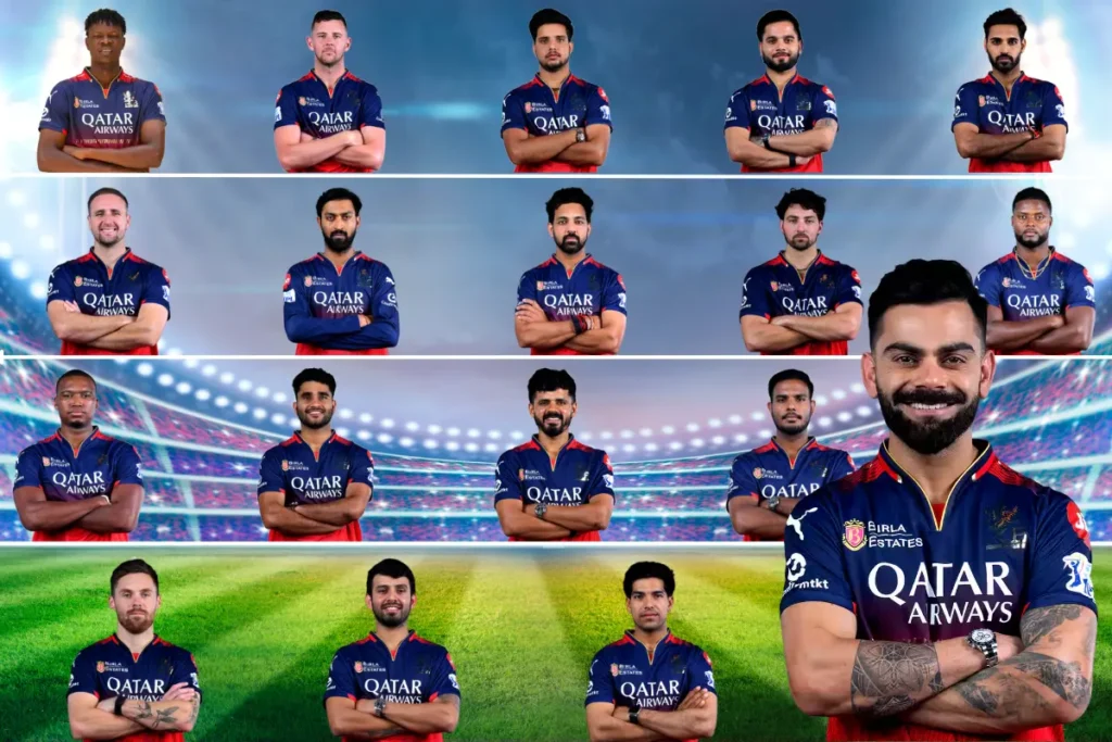 All the team players of the rcb team of ipl 2025 with the captain virat kohli with the stadium background.