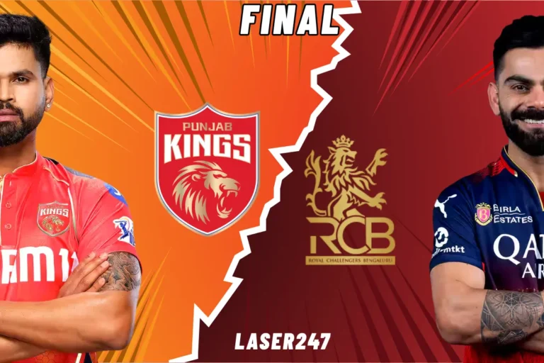 Poster of the final match update of ipl2025 showing shreyas iyer on the left and virat kohli on the right side with the punjab kings logo and Royal Challengers Bangalore logo created by laser247