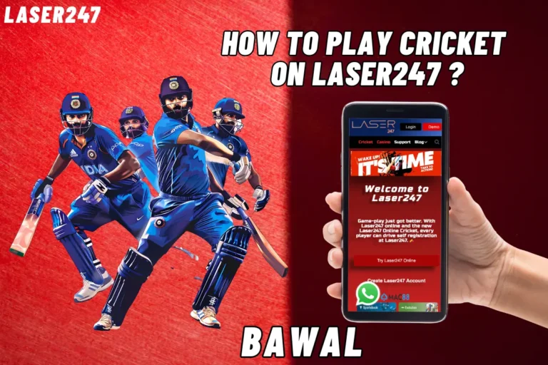 showing cricket team and laser247.shop website home page on a phone device with a title of "how to play cricket on laser247 ?"
